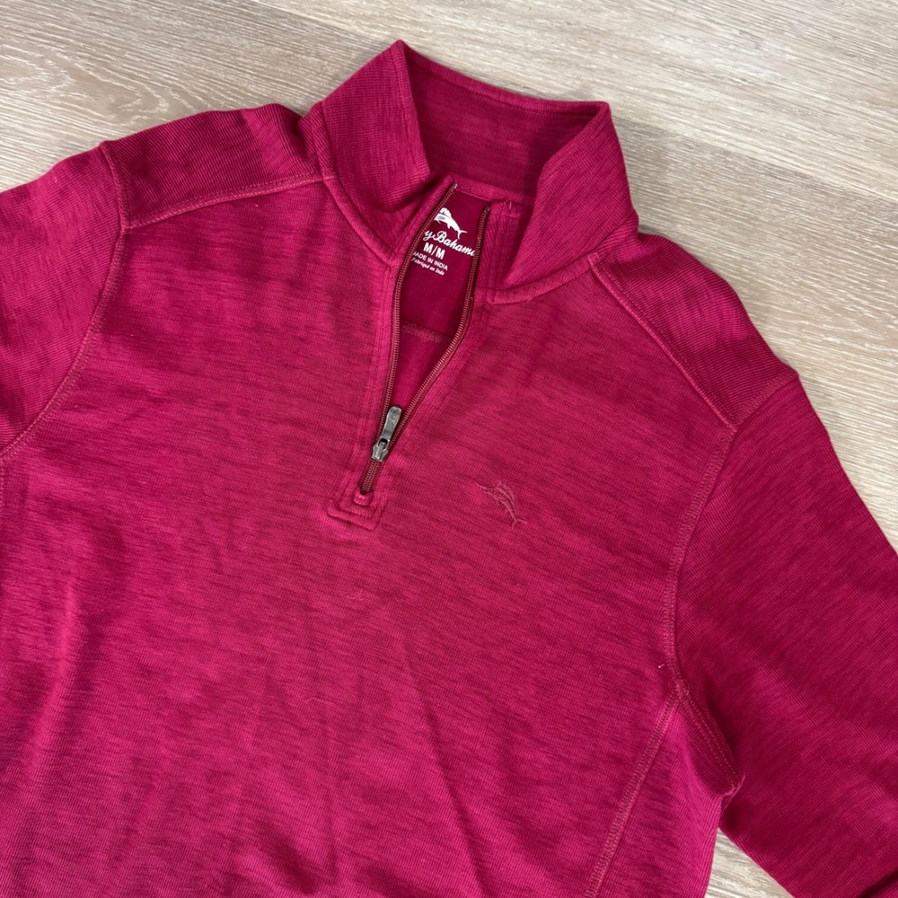 Tommy Bahama Pullover Mens Medium Red Quarter Zip Cotton Tencel Blend